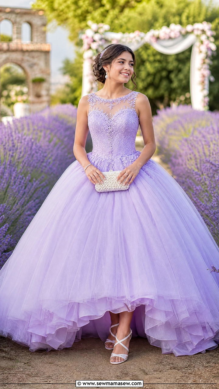 Lavender quinceanera ball gown with pearl accessories - 25 Quinceanera outfit ideas
