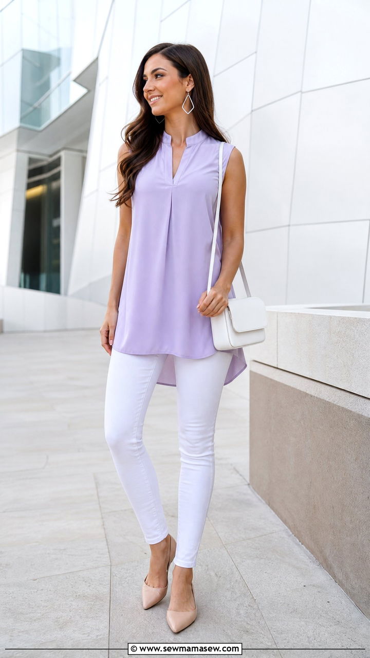 Lavender sleeveless tunic with white skinny jeans - 30 summer lavender outfit ideas