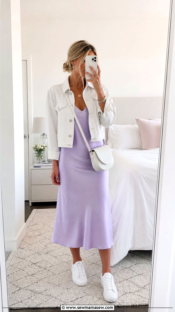 Lavender slip dress with cropped white denim jacket - 30 summer lavender outfit ideas