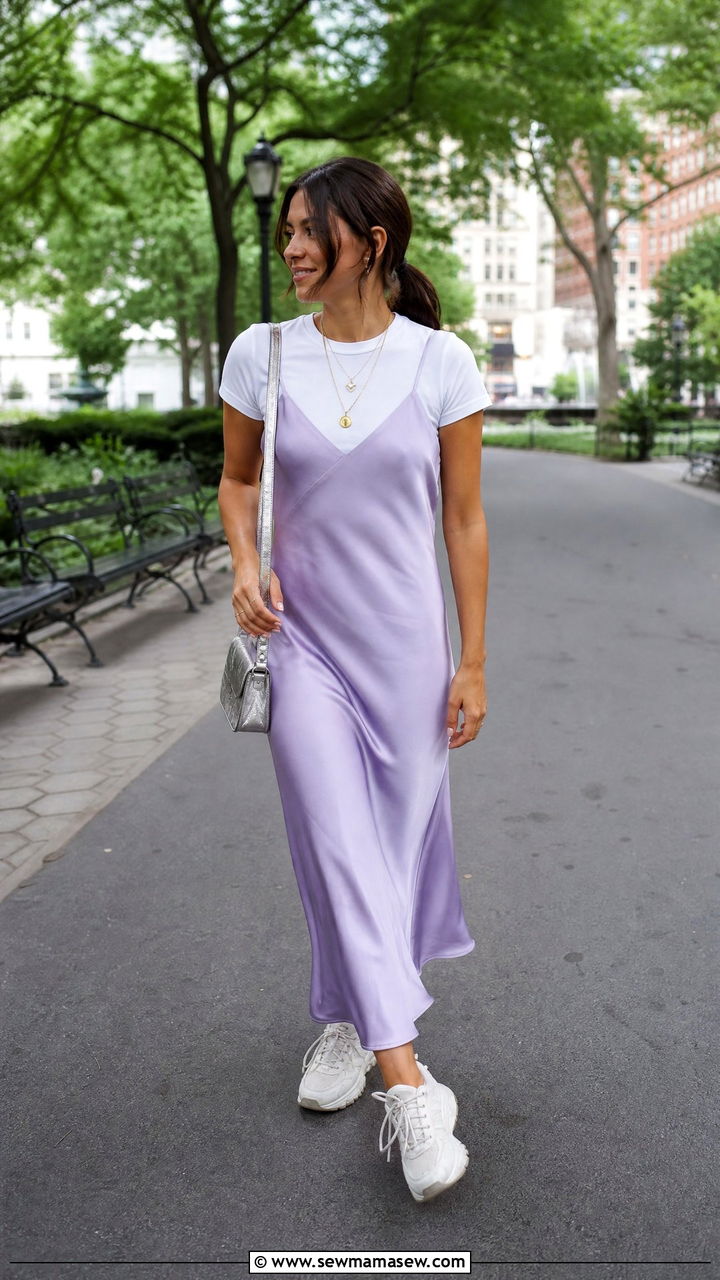 Lavender slip dress with white sneakers - 25 Lavender girl outfit ideas