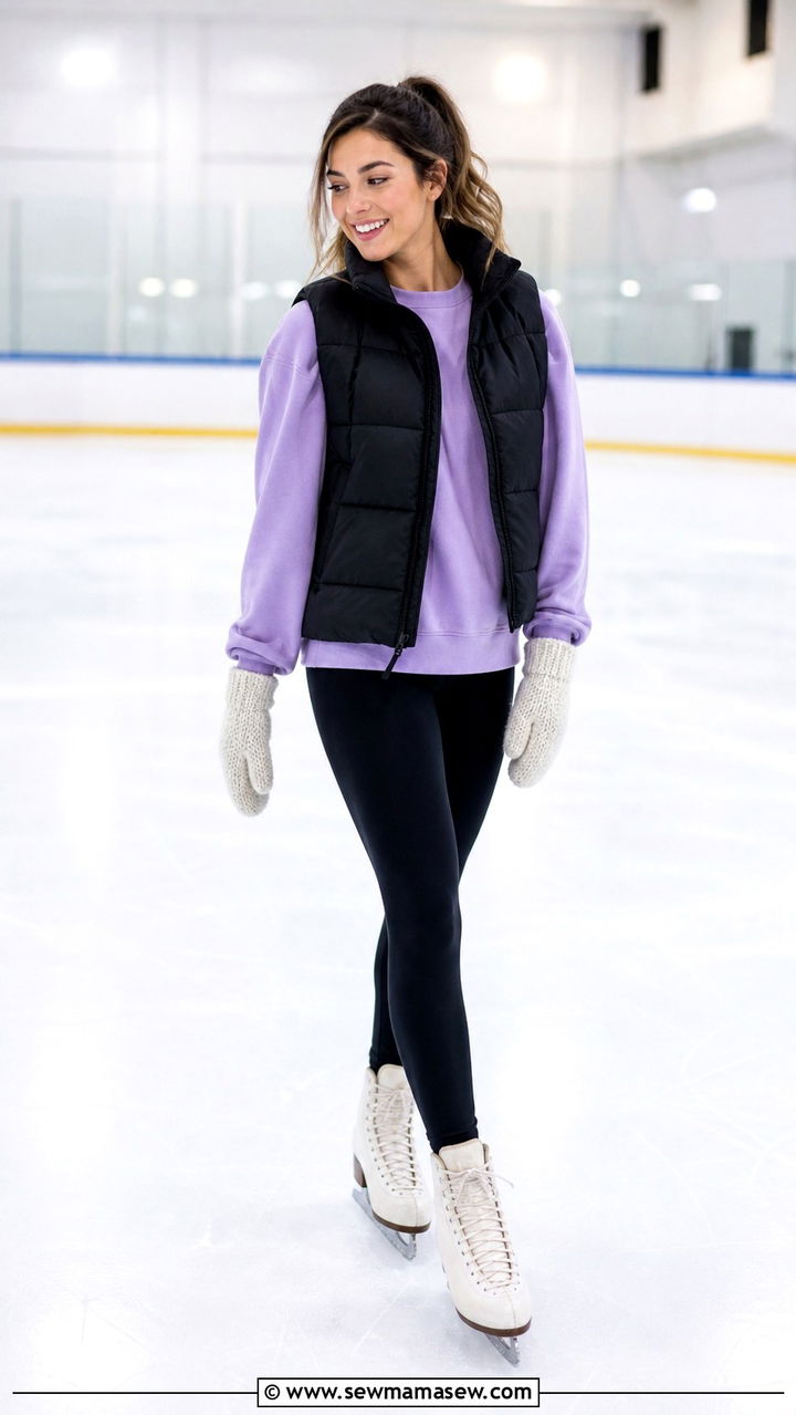 Lavender sweatshirt puffer vest and leggings ice skating look - 40 Ice skating outfit ideas