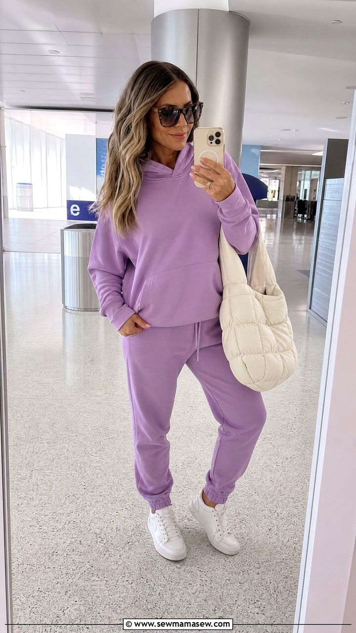 Lavender sweatsuit with white sneakers and sunglasses - 25 Lavender girl outfit ideas