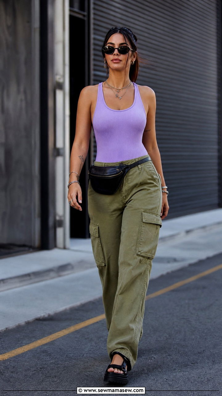 Lavender tank bodysuit with cargo pants and chunky sandals - 30 summer lavender outfit ideas