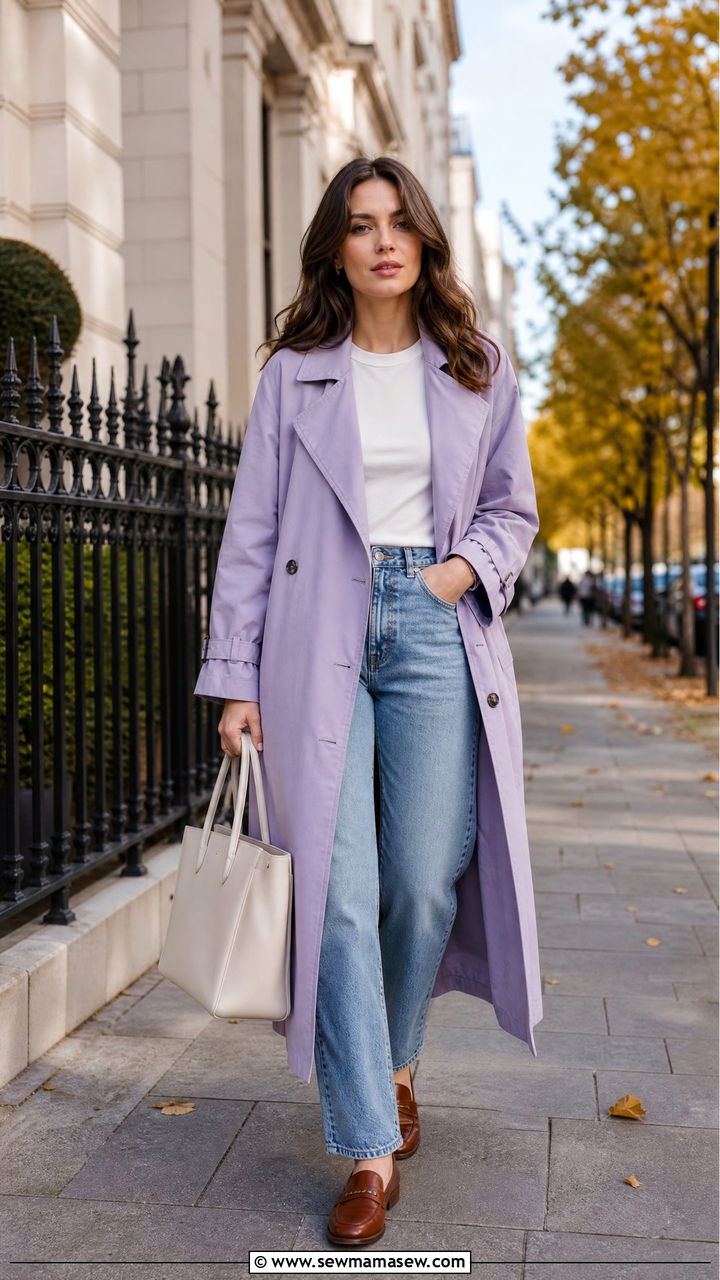 Lavender trench coat with straight jeans and loafers - 25 Lavender girl outfit ideas
