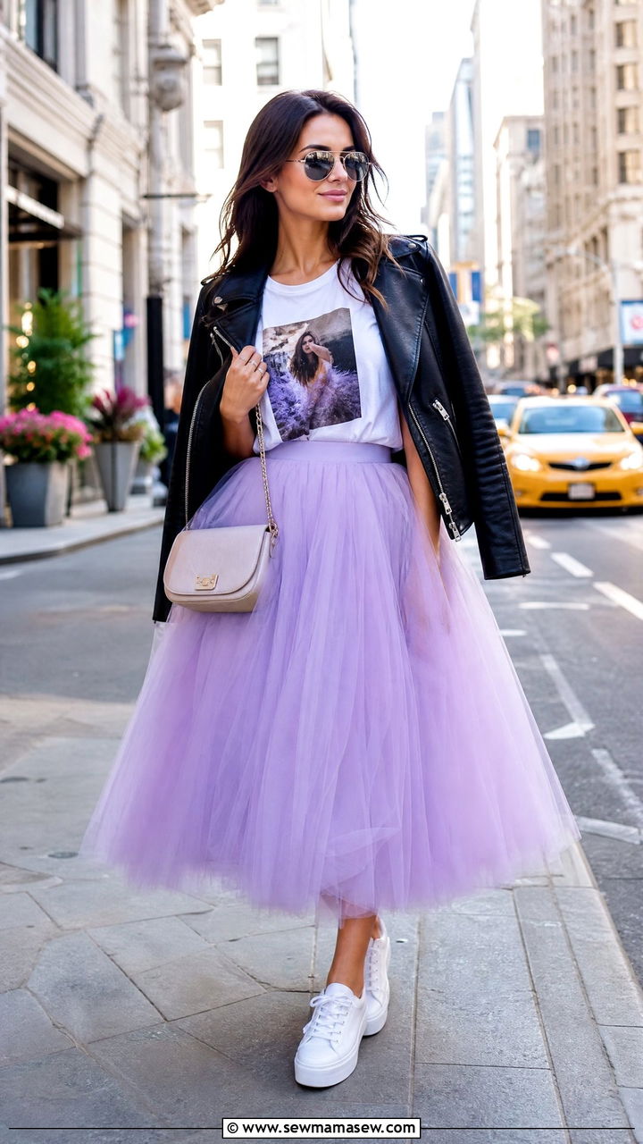 Lavender tulle skirt with a graphic tee and sneakers - 25 Lavender girl outfit ideas