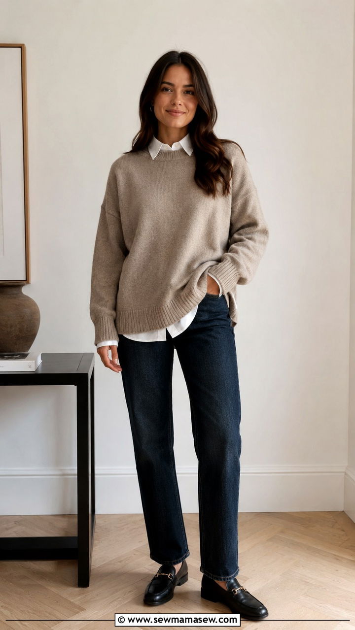 Layered Button Down Under Crewneck Sweater with Straight Jeans - 30 Oversized sweater with jeans outfit ideas