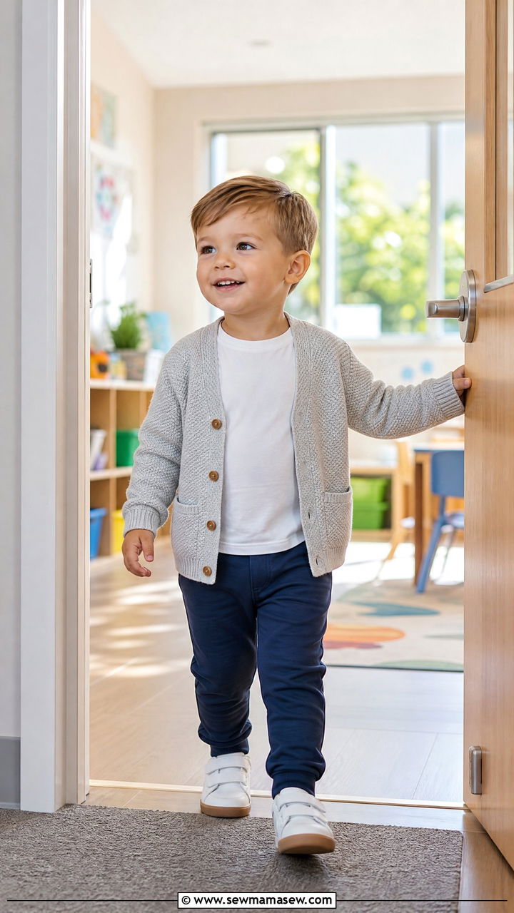 Layered Cardigan Outfit with Tee and Pull On Pants - 25 First day of preschool outfit ideas