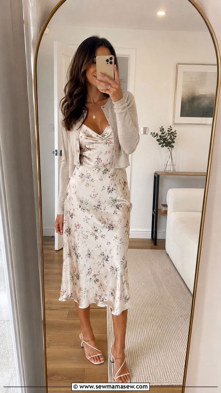 Layered Cardigan over Midi Slip Dress - 20 Spring outfits for rectangle body