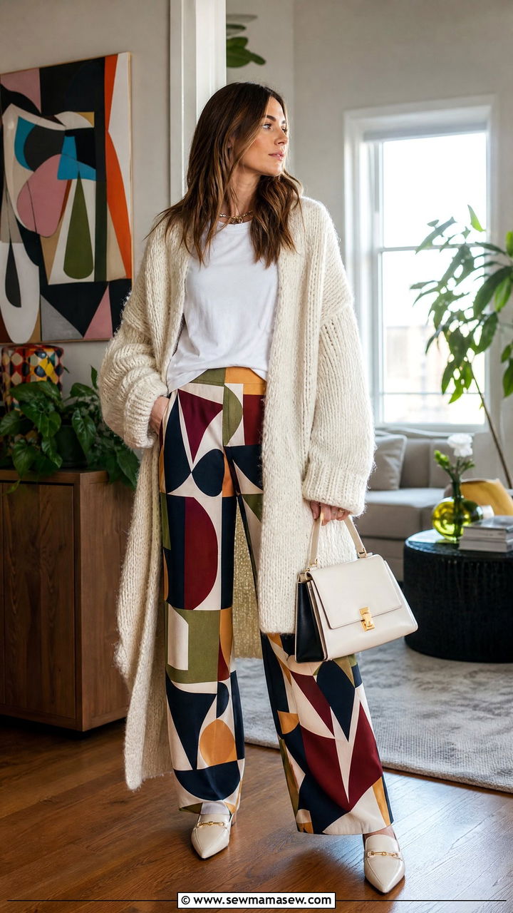 Layered Cardigan with Bold Patterned Pants Outfit - 35 maximalist outfits aesthetic