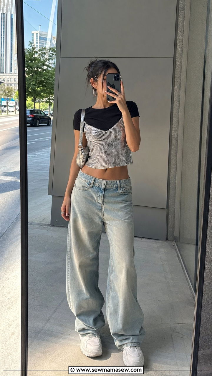 Layered Crop Top and Baggy Jeans Outfit - 30 Y2K summer outfits