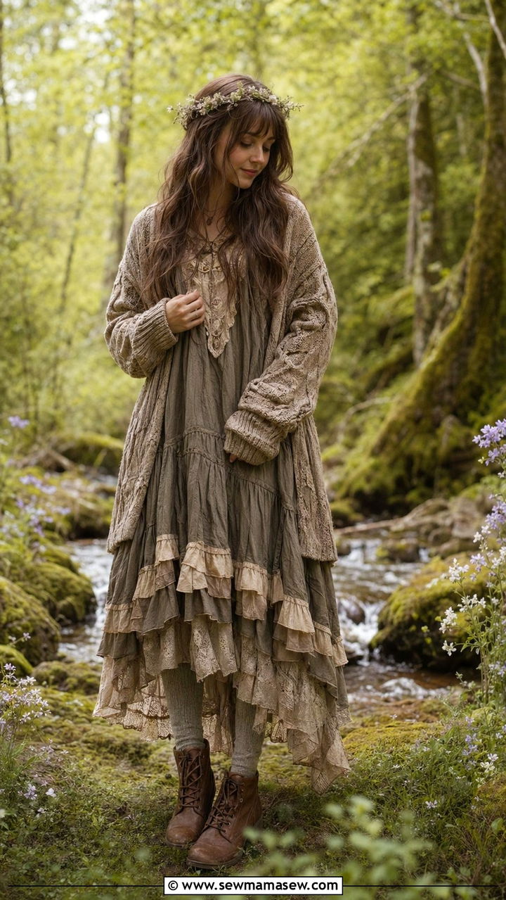 Layered Earthy Dress With Knit Leggings And Oversized Sweater - 35 aesthetic outfits for women