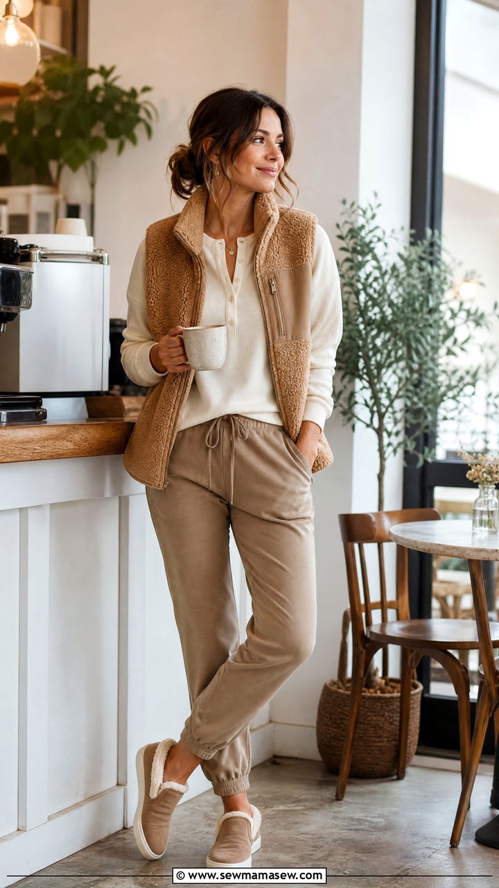 Layered Henley With Sherpa Vest And Twill Joggers - 35 Hygge outfit ideas