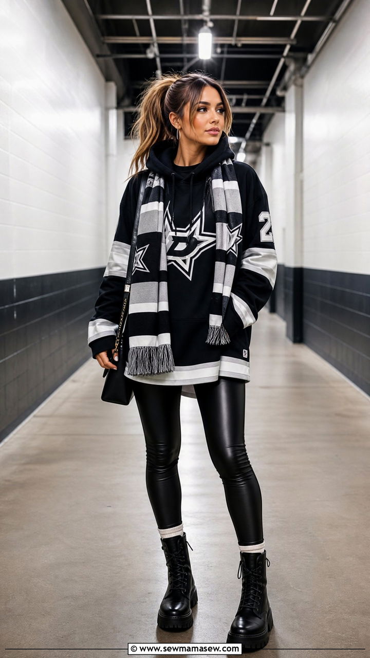 Layered Jersey over Hoodie with Leather Leggings and Combat Boots - 25 Hockey game outfit ideas