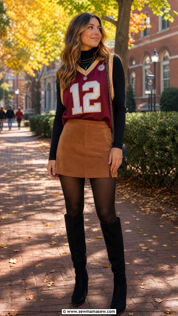 Layered Jersey over Turtleneck with Skirt - 30 Game day outfit ideas for college