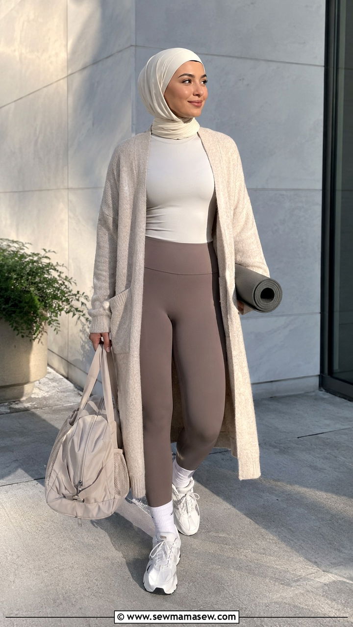 Layered Long Line Cardigan with Leggings - 25 Modest gym outfit ideas with hijab