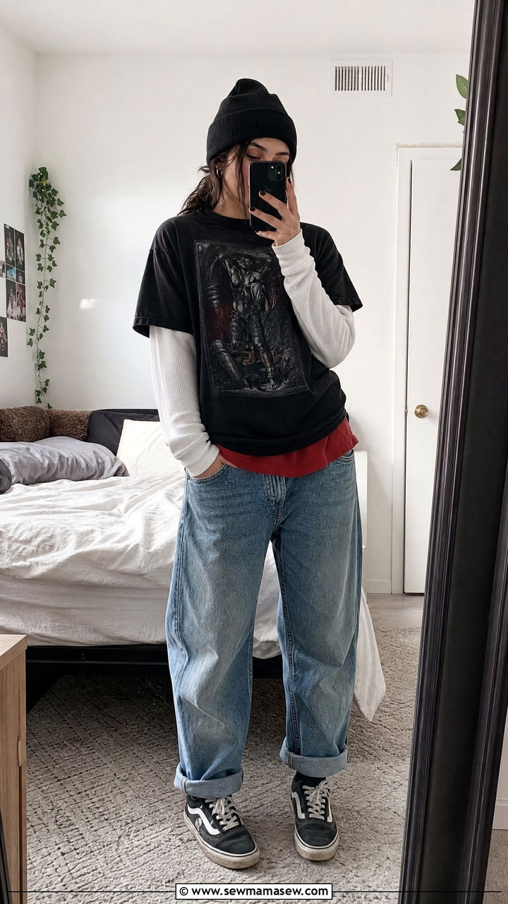 Layered Long Sleeve Tees In Contrasting Colors With Cuffed Jeans - 40 grunge outfits
