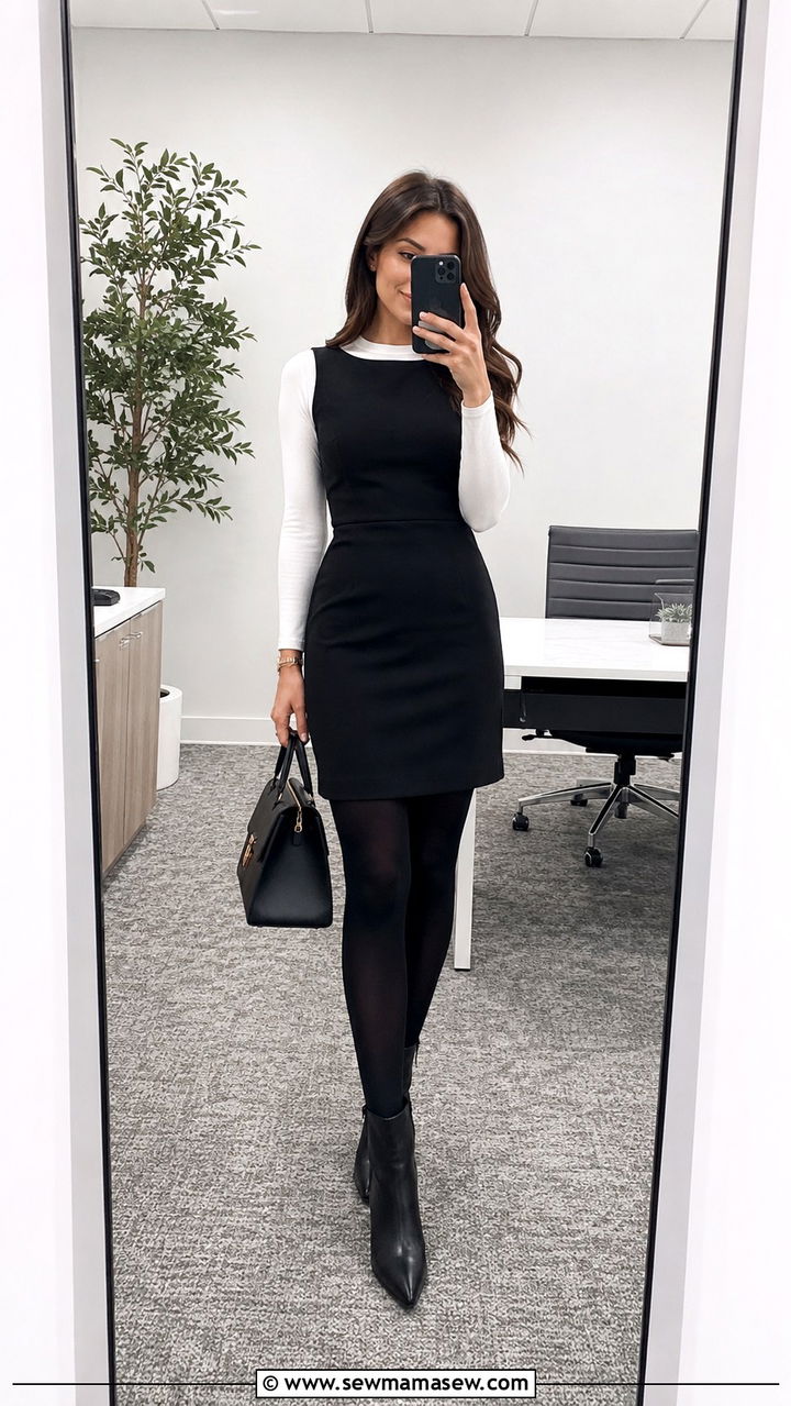 Layered Long Sleeve Top Under Sleeveless Dress Outfit - 30 modest office outfit ideas