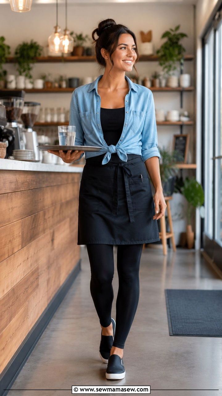 Layered Look With A Chambray Shirt Over A Tank And Leggings - 25 Restaurant server outfit ideas
