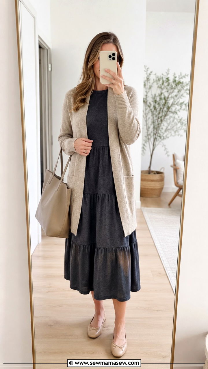 Layered Midi Dress With Lightweight Cardigan - 30 Modest outfit ideas minimalist