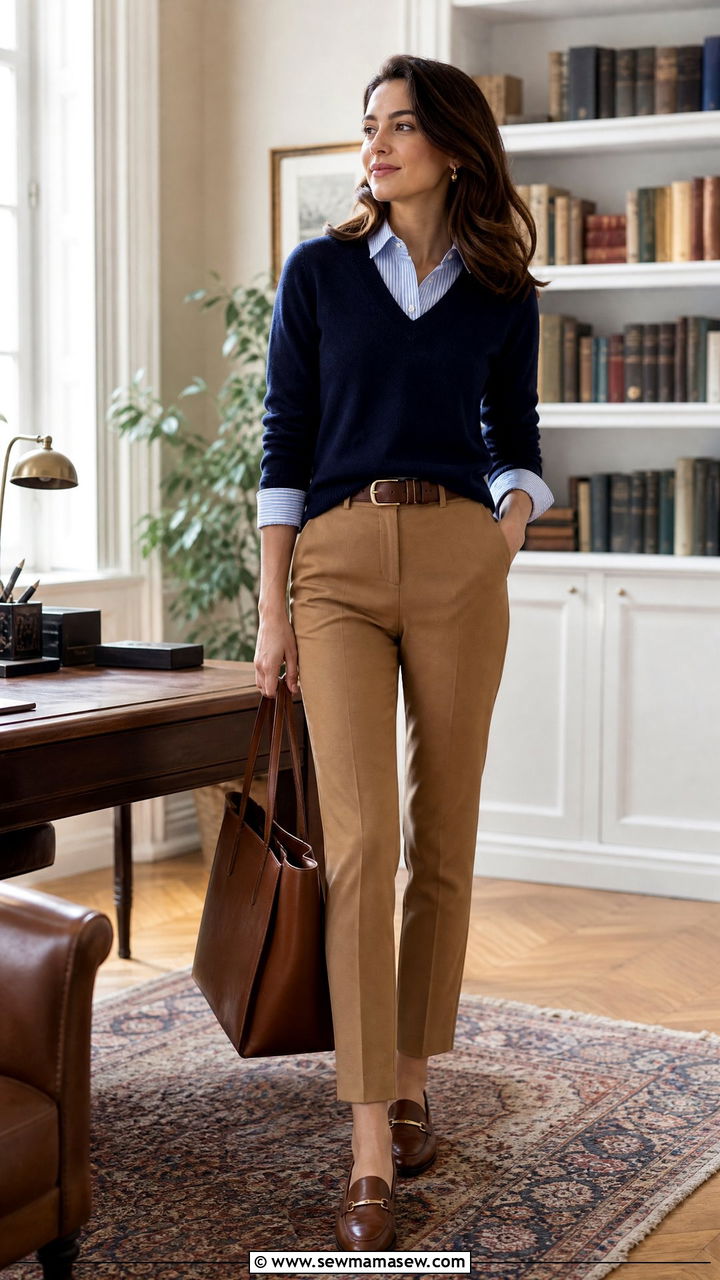 Layered Navy Sweater with Slim Camel Trousers Outfit - 30 Old money outfit ideas for work