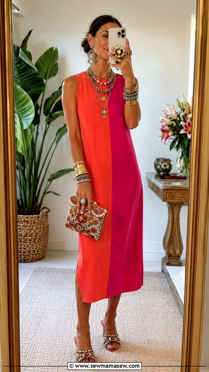Layered Necklaces And Cuffs With Simple Color Block Dress - 30 maximalist outfits ideas