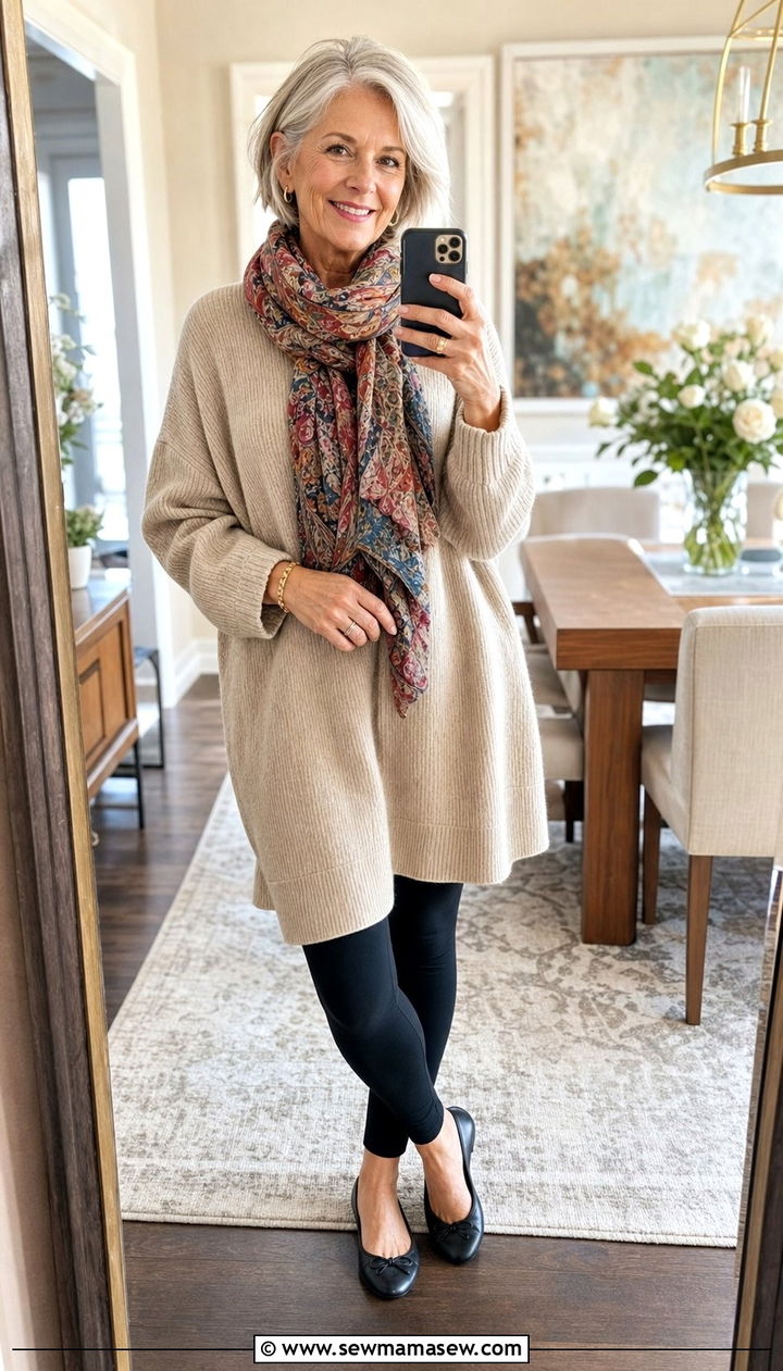 Layered Oversized Tunic With Leggings And Ballet Flats - 35 Brunch outfits for women over 60