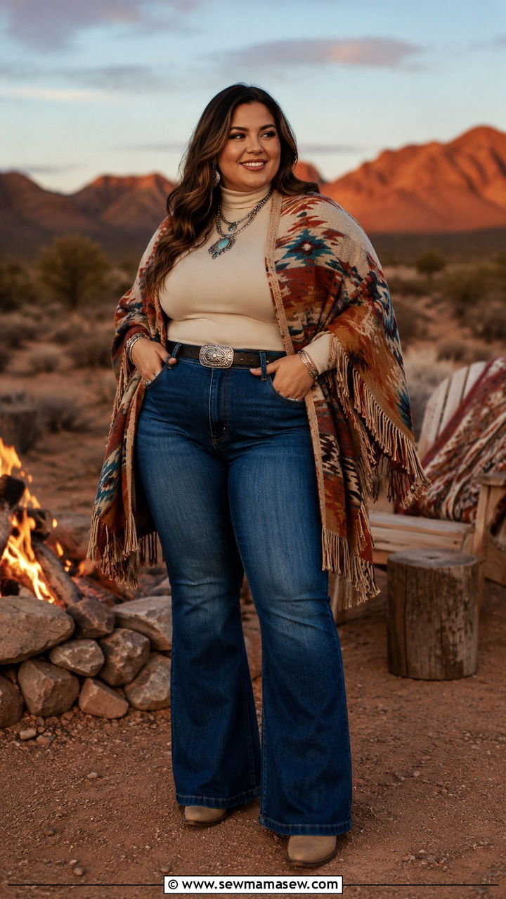 Layered Poncho With Flared Jeans - 25 Western outfit ideas plus size