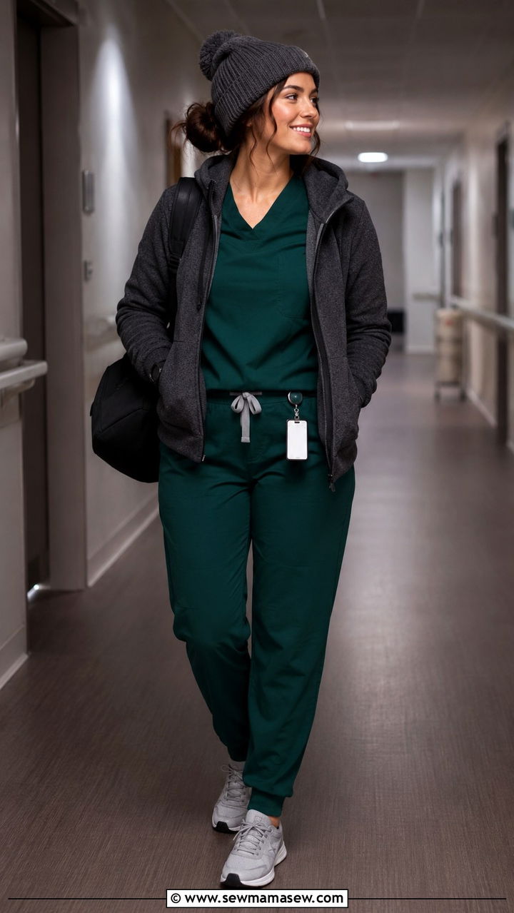 Layered Scrub Set With A Cozy Zip Up Hoodie - 25 Travel nurse outfit ideas