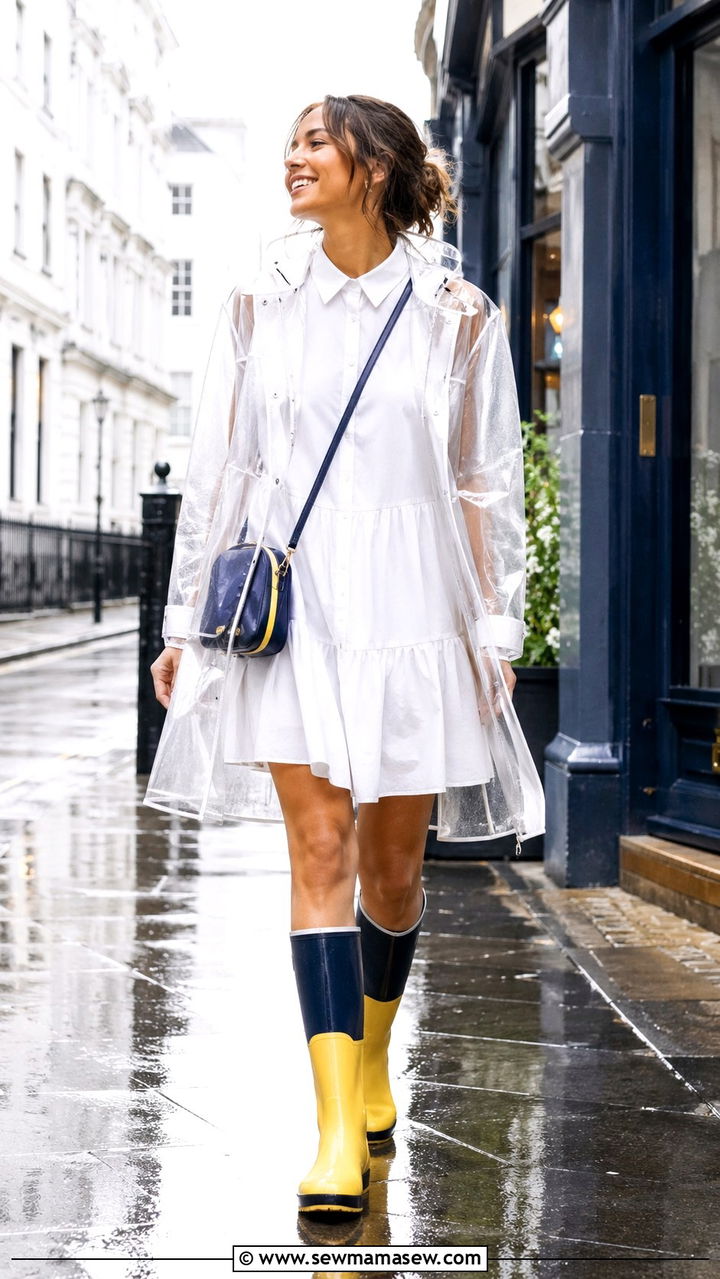 Layered Shirt Dress with a Transparent Raincoat and Colorblock Rain Boots - 30 transitional rainy day outfit ideas