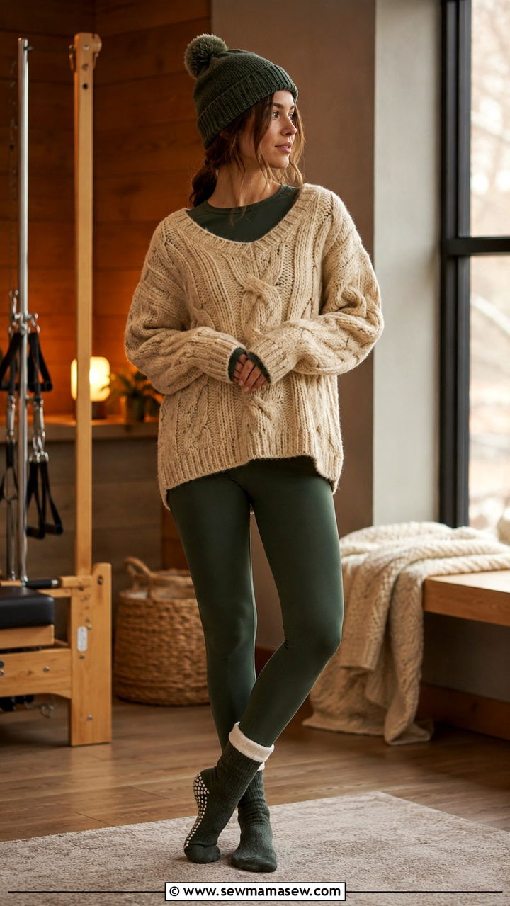 Layered Sweater and Leggings Winter Pilates Outfit With Knit Grip Socks - 25 Pilates outfit ideas with socks