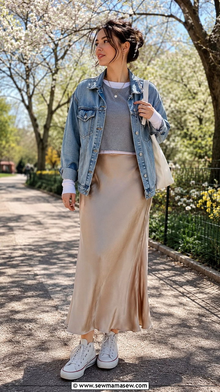 Layered T Shirts with Slip Skirt and Denim Jacket - 30 spring transition outfit ideas