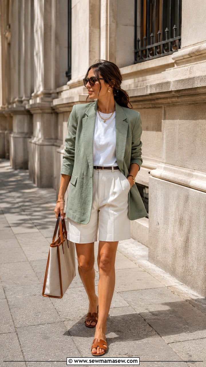 Layered Tee with Linen Blazer and Bermuda Shorts - 30 Shoulder season outfit ideas