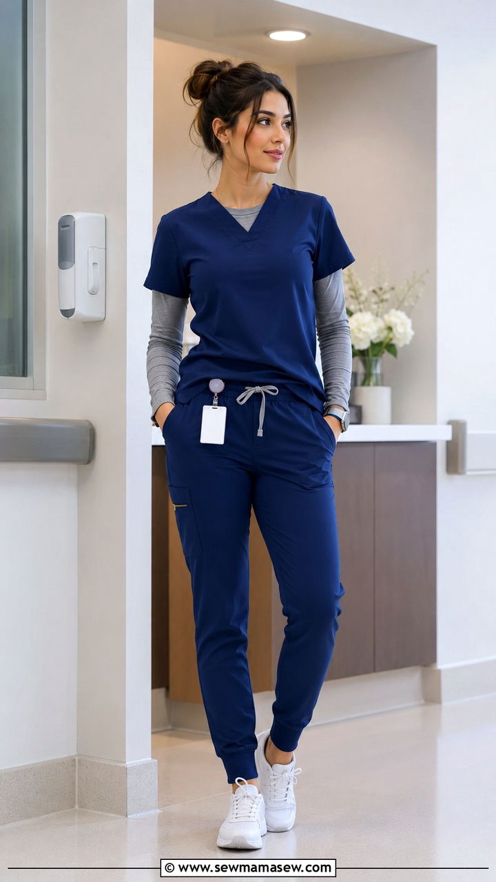 Layered Underscrub Tee Under A V Neck Scrub Top - 20 Modest outfit ideas for nurse