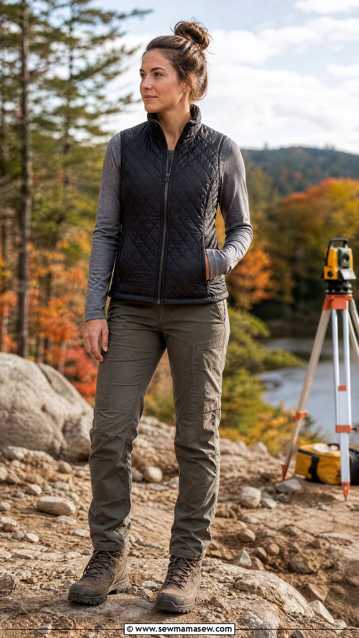 Layered Vest Over Long Sleeve Tee with Utility Pants and Trail Boots - 30 Construction site outfit ideas for women