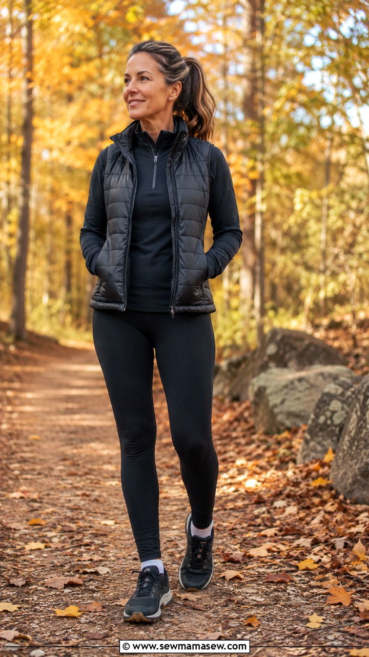 Layered Winter Gym Outfit With Thermal Leggings and Quilted Vest - 30 Gym outfit ideas for women over 40