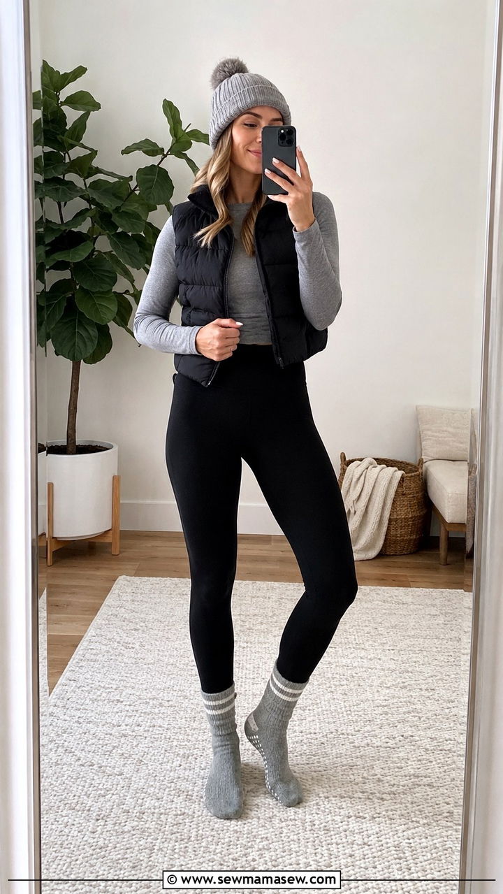 Layered Winter Yoga Outfit With Fleece Lined Leggings - 25 Yoga outfit ideas aesthetic