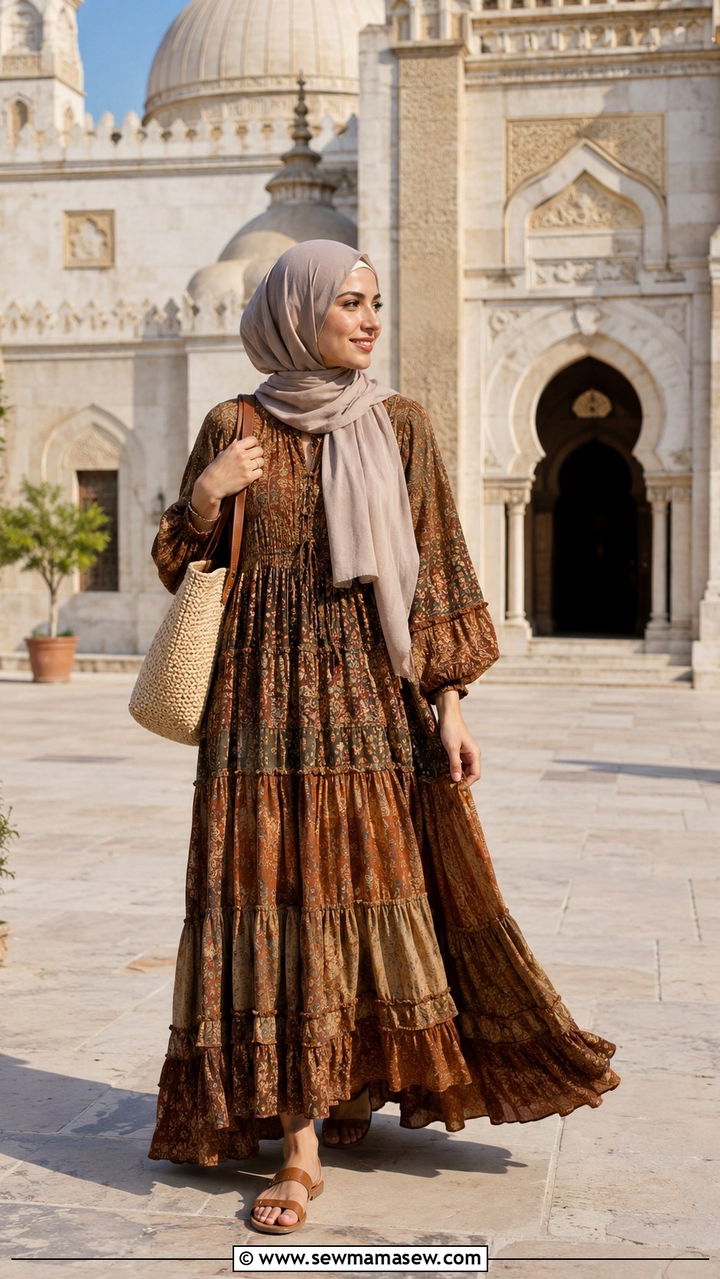Layered bohemian maxi dress with neutral hijab - 20 Modest outfit ideas for mosque visit