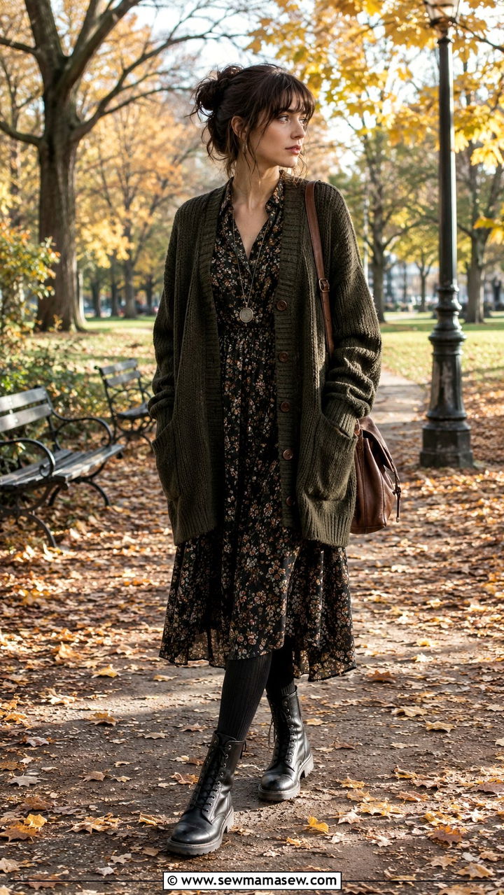 Layered cardigan over a dress with combat boots - 30 Chaotic academia outfit ideas