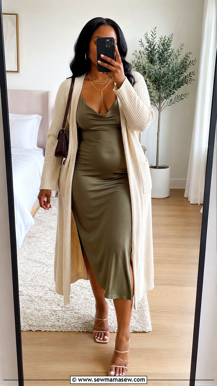 Layered cardigan over slip dress - 25 outfit ideas for women with wide hips