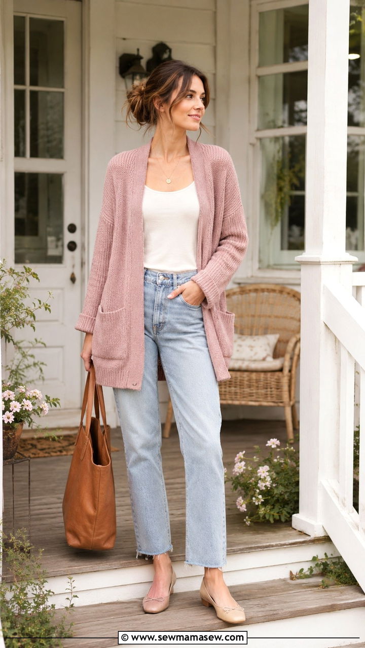 Layered cardigan with jeans and ballet flats - 30 Spring cottage outfits