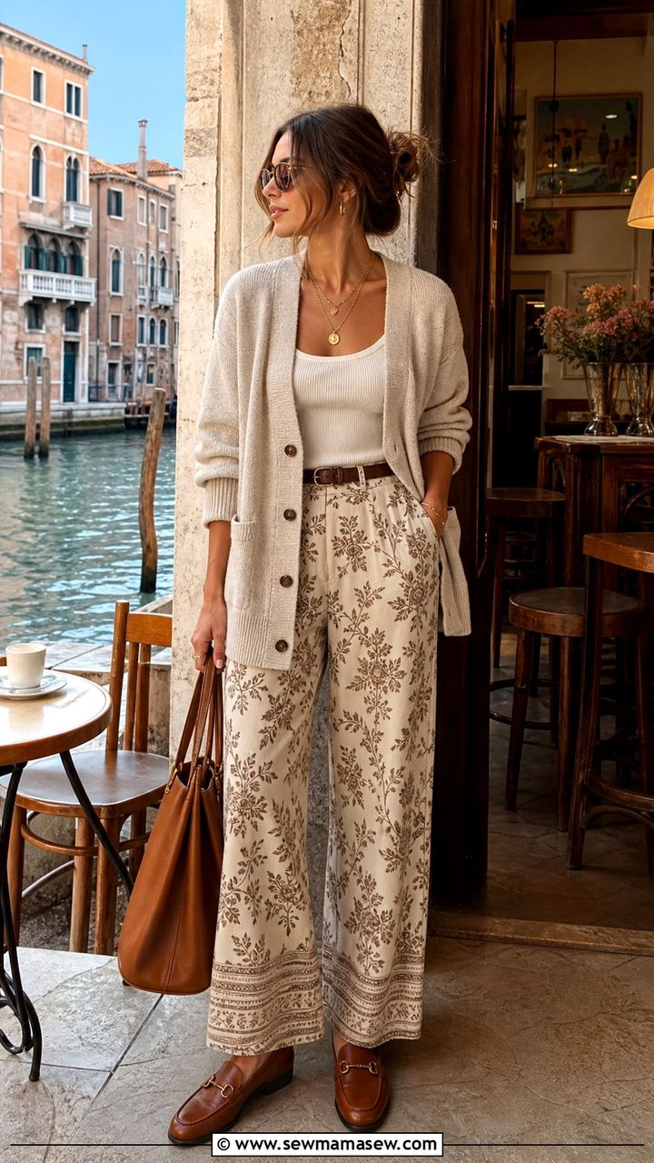 Layered cardigan with printed trousers Venice - 40 What to wear in Venice