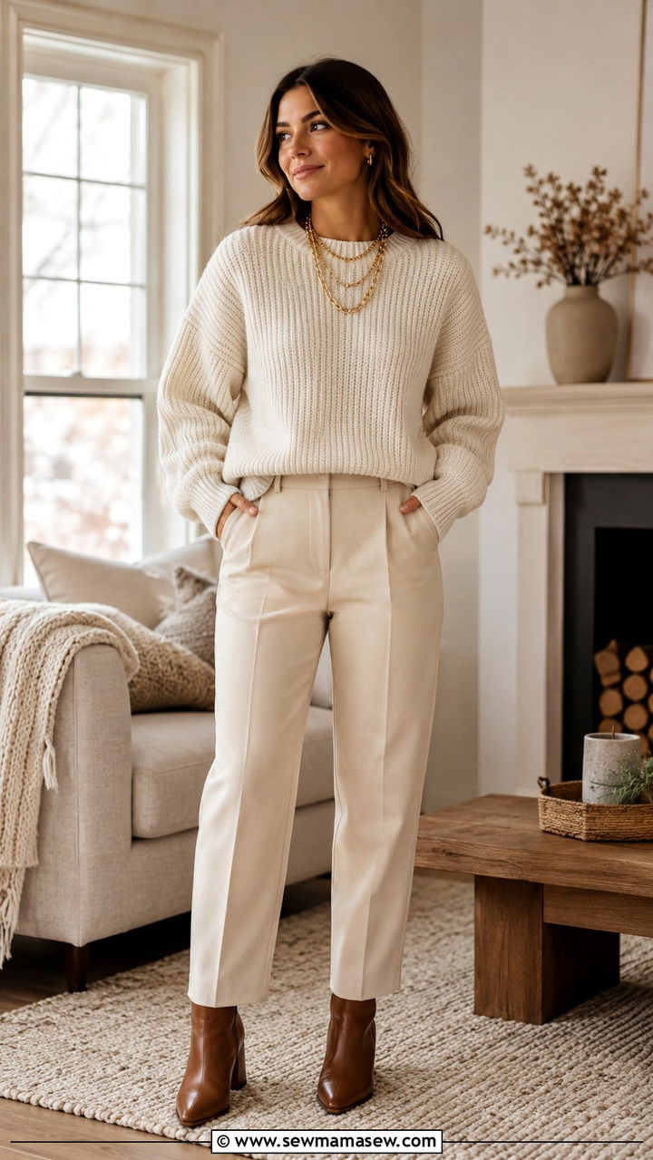 Layered chunky gold necklaces with crewneck sweater - 20 Chunky gold jewelry outfit ideas 2026