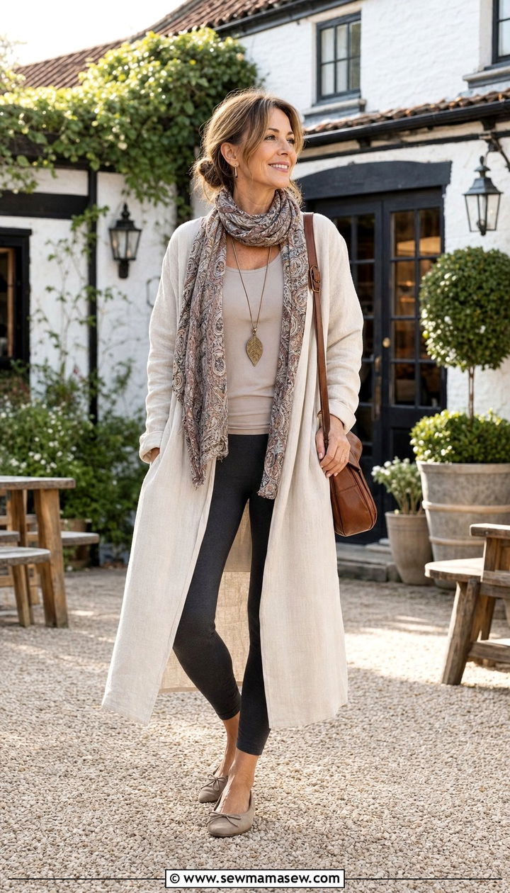 Layered linen tunic over leggings outfit - 25 fairycore outfit ideas for women over 40
