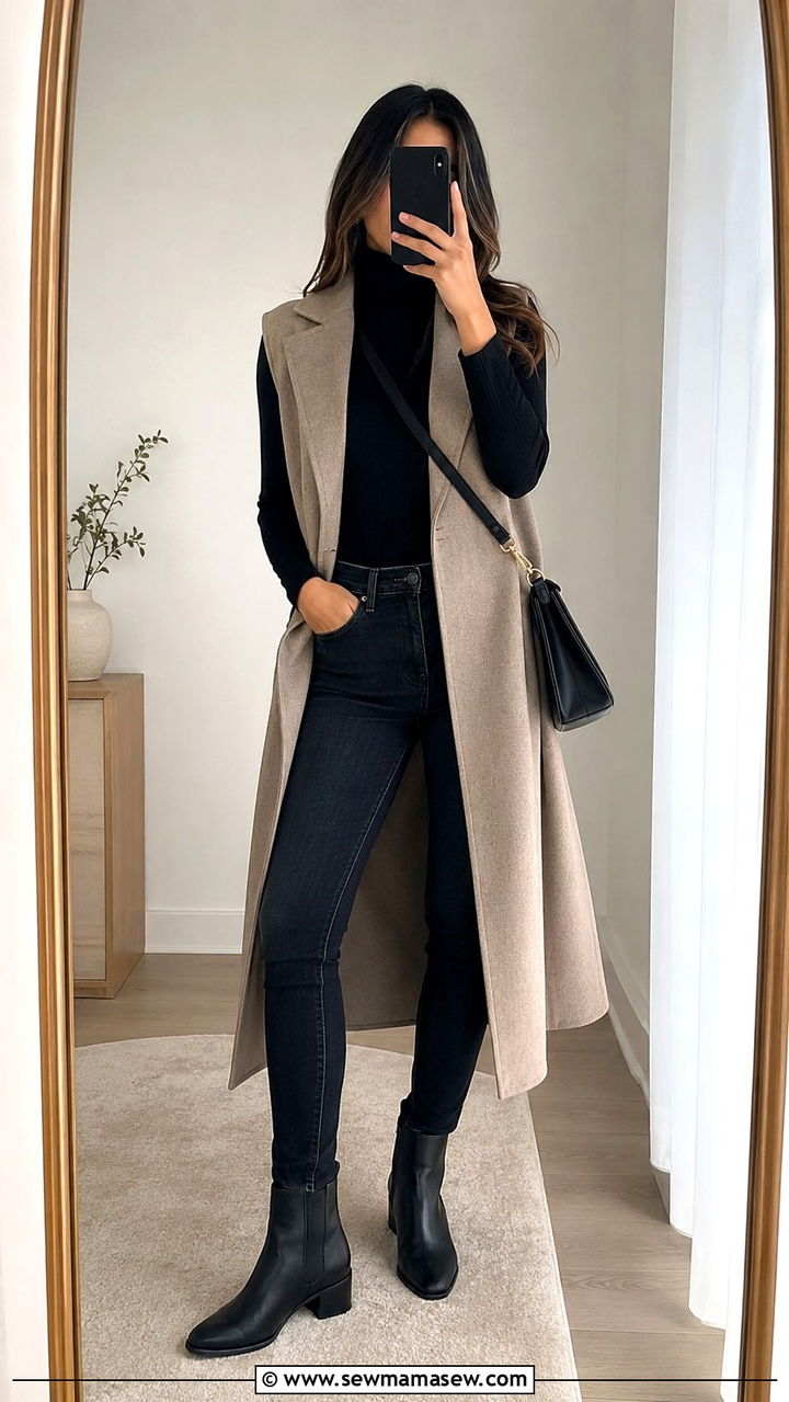 Layered long vest with turtleneck - 30 Modest wardrobe essentials 2026