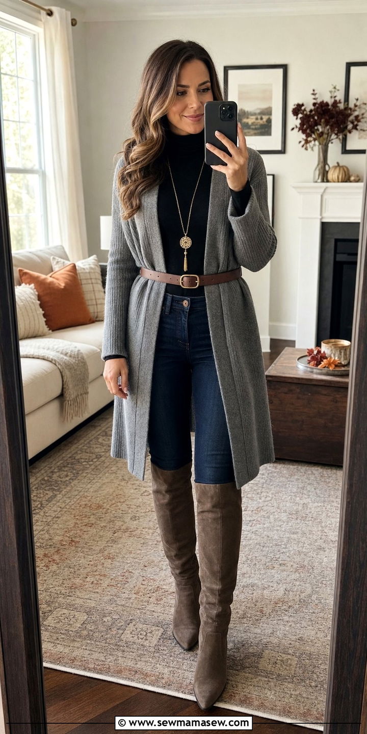 Layered look with belted cardigan outfit - 25 Cute outfits for rectangle body