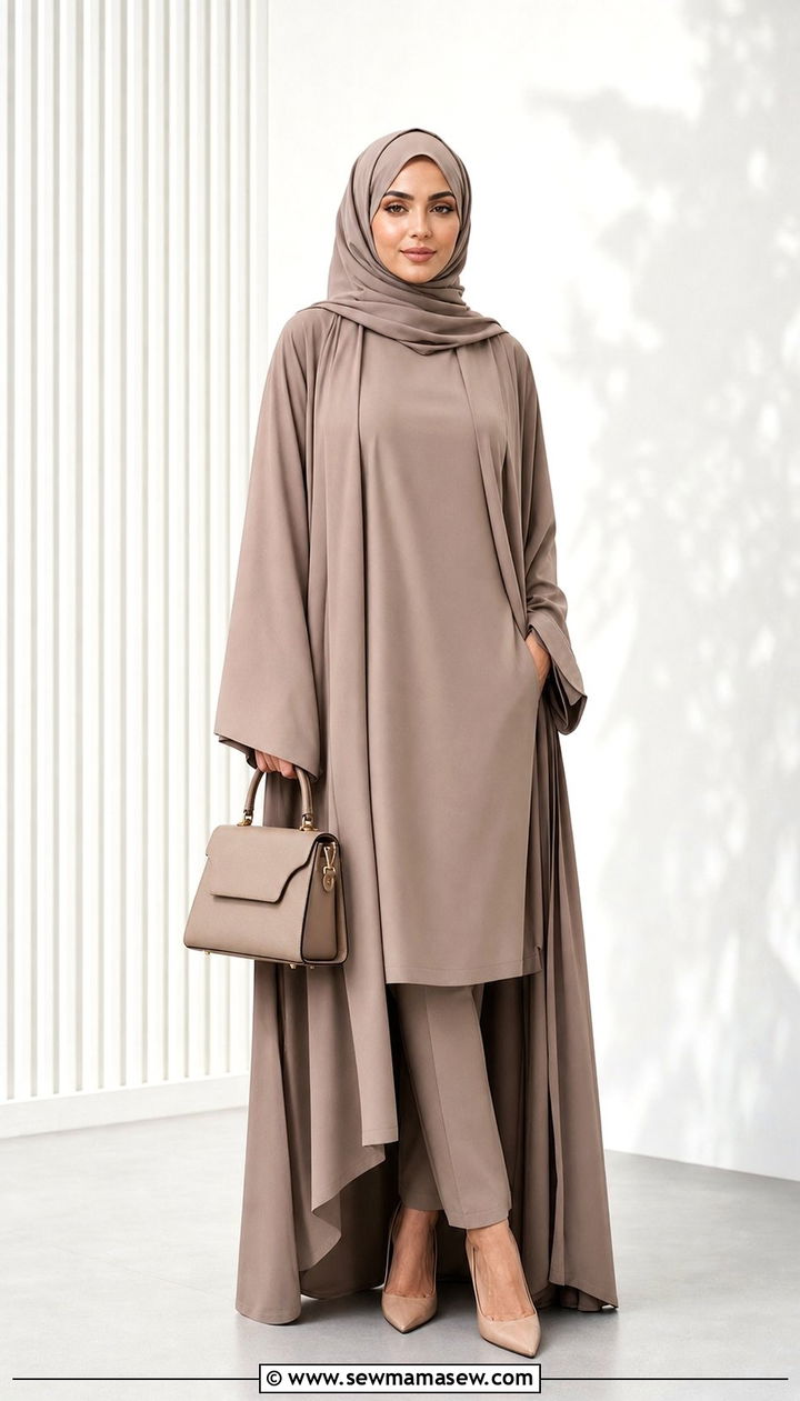 Layered open abaya with monochrome inner set - 25 Eid al Adha outfit ideas 2026