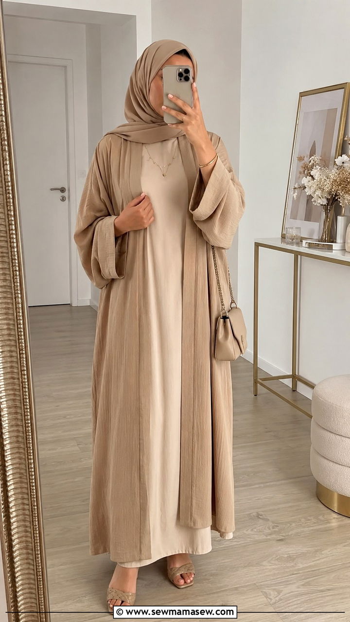 Layered open abaya with tonal inner slip - 30 Modest outfit ideas for Eid