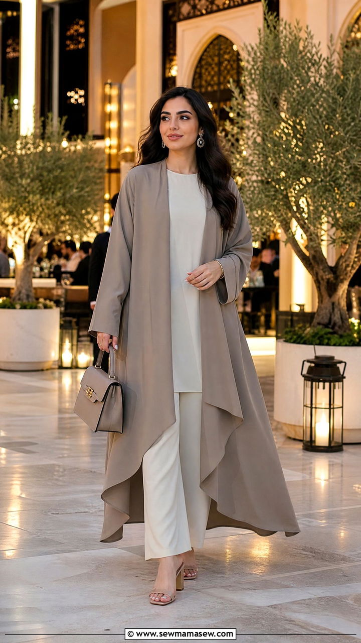 Layered open abaya with wide leg trousers - 25 Iftar party outfit ideas