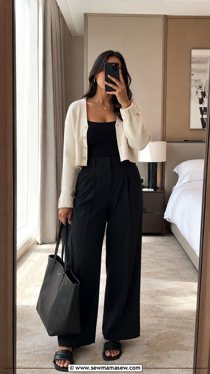 Layered travel outfit for pear shape with cardigan and wide leg pants - 25 Travel outfits for pear shape