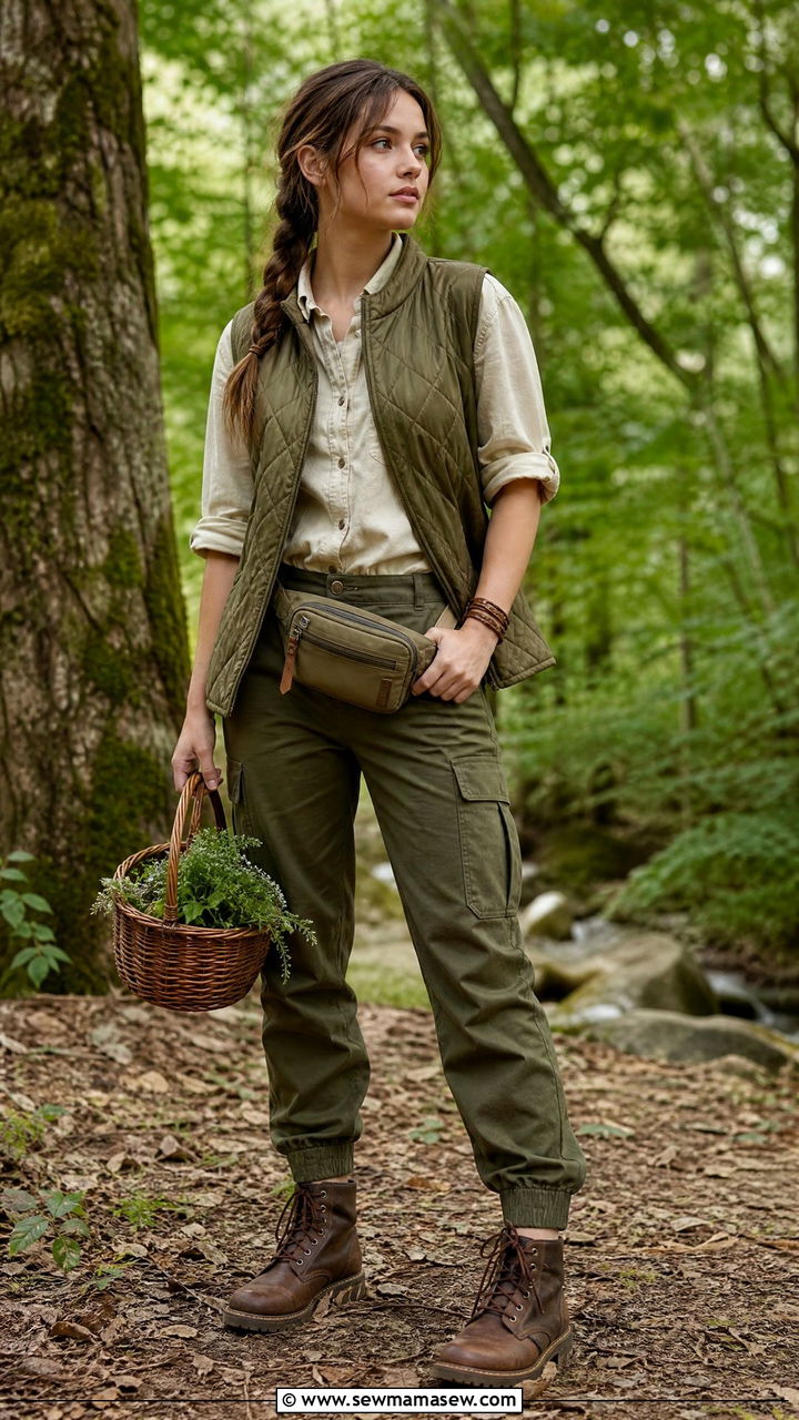 Layered vest and button down with cargo pants and boots - 30 Goblincore outfit ideas